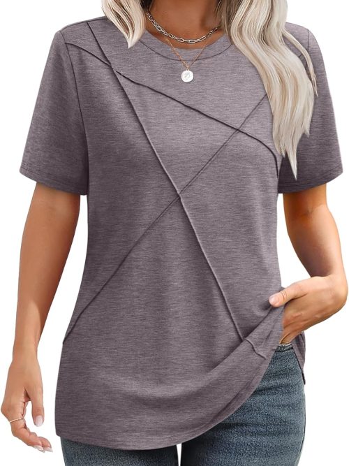 Womens Summer Tops 2026 Pleated Round Neck Short Sleeve Shirts Business Casual