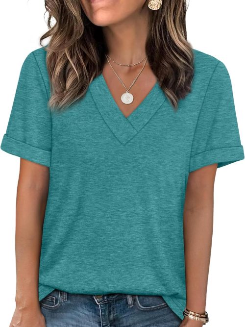 Womens Summer Tops Short Sleeve Basic Casual V Neck T Shirts Trendy Fashion 2026