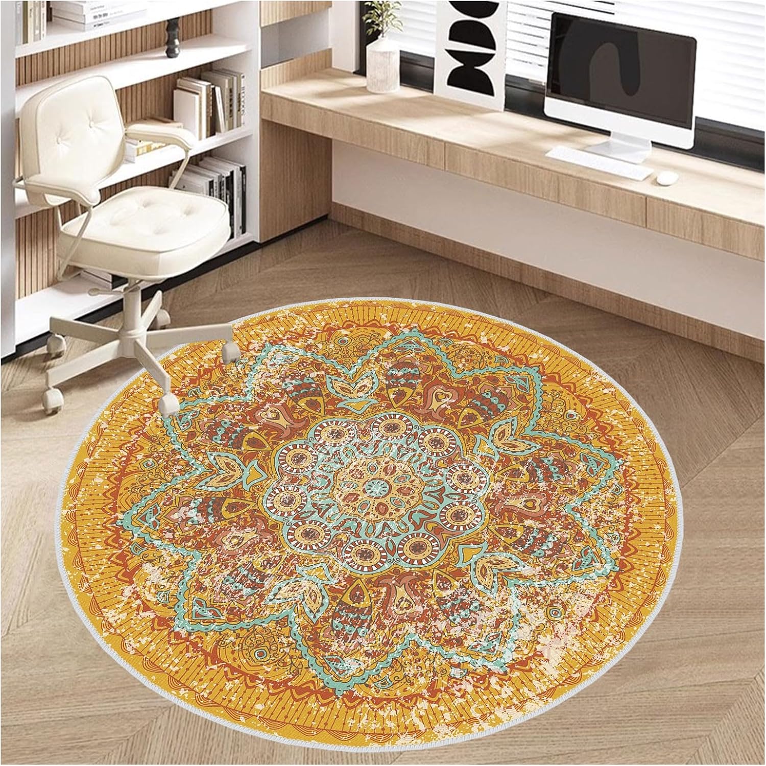 48" Yellow Round Chair Mat Hardwood