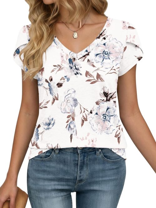 WNEEDU Womens T Shirts Petal Sleeve V Neck Casual Tees Summer Basic Tops