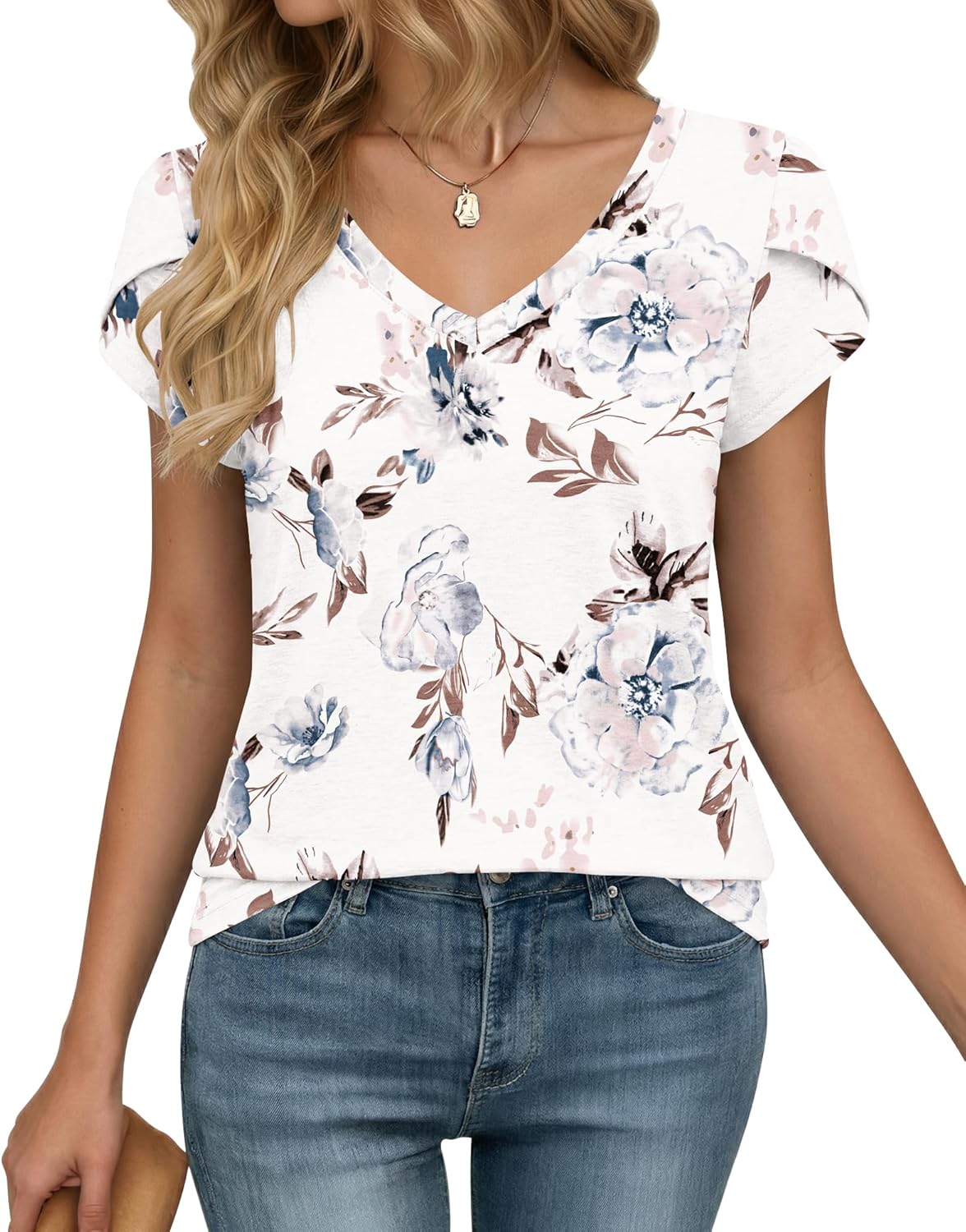 WNEEDU Womens T Shirts Petal Sleeve V Neck Casual Tees Summer Basic Tops