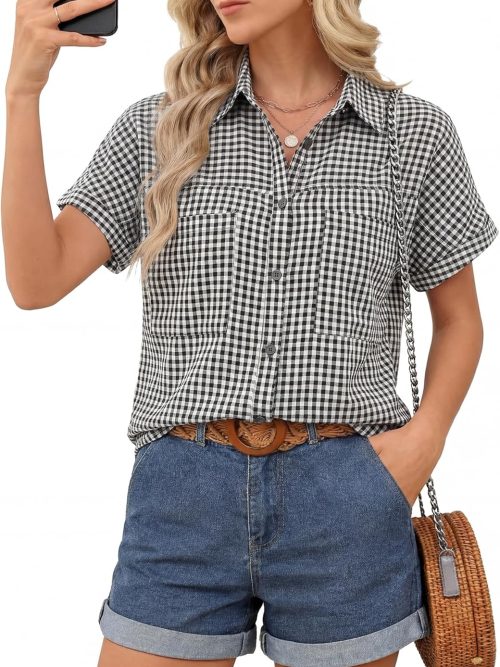 Button Down Shirt for Women Short Sleeve Blouses Dressy Casual Business Work Summer Vacation Tops Hawaii Shirts with Pockets