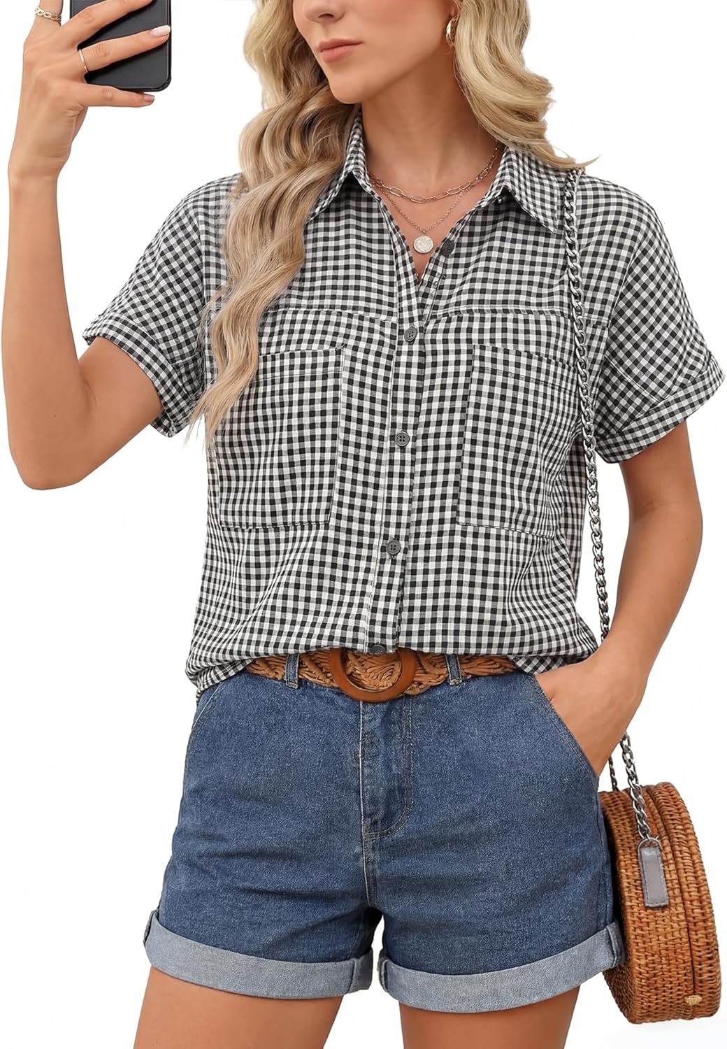 Button Down Shirt for Women Short Sleeve Blouses Dressy Casual Business Work Summer Vacation Tops Hawaii Shirts with Pockets
