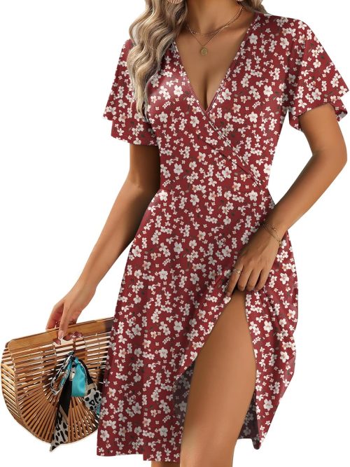Womens Summer Dresses Wrap V Neck Dress Floral A-Line Ruffle Sleeve Casual Sundress with Pockets 2026