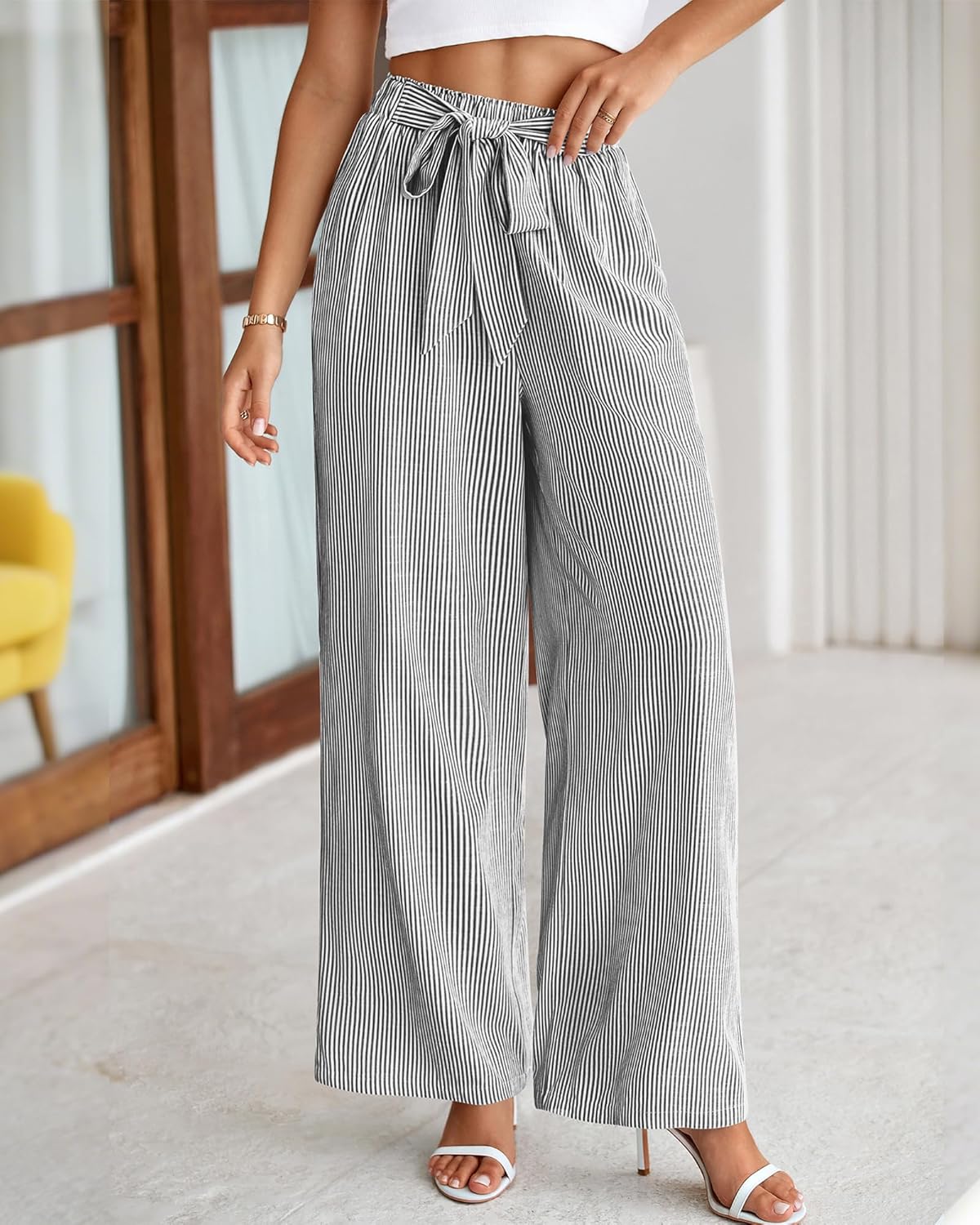 Pants for Women 2026 Spring Clothes Striped High Waist Tie Knot Dressy Casual Wide Leg Palazzo Work Trousers Pants - Image 2