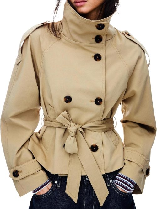 Women's Cropped Trench Coat Double Breasted Short Jacket High Collar Fall Winter Coats Trendy Outfit with Belt