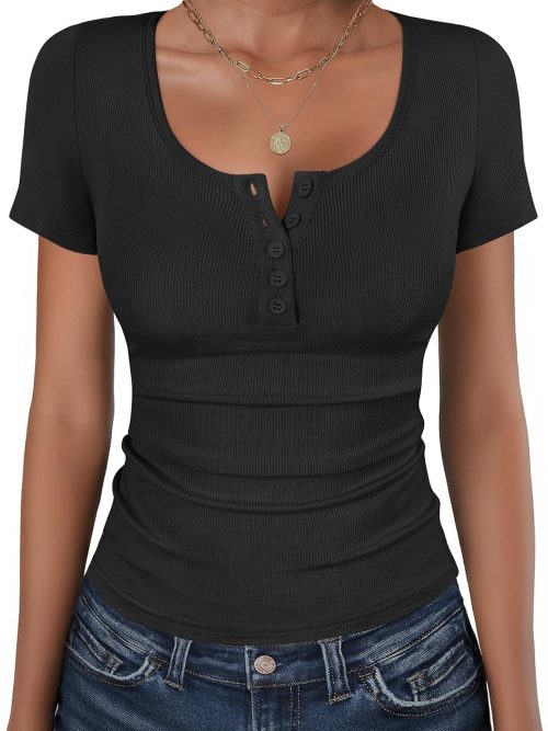 Womens Short Sleeve Henley Shirts Ribbed Slim Fitted Tee Summer Work Tops 2026 Button Blouse Spring Vacation Clothes