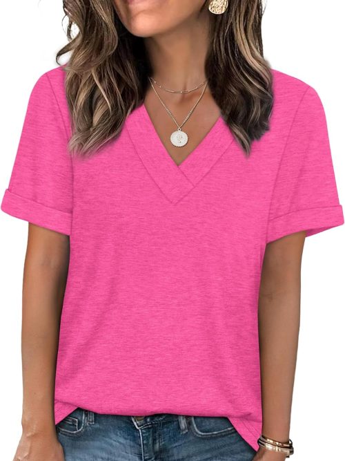 Womens Summer Tops Short Sleeve Basic Casual V Neck T Shirts Trendy Fashion 2026