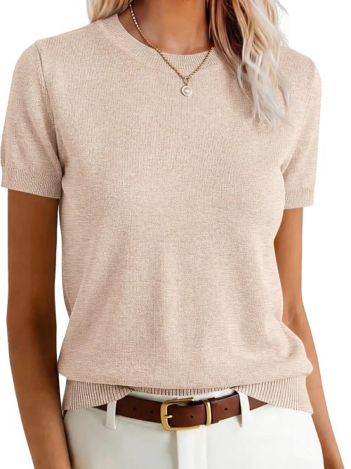 Womens Short Sleeve Sweaters Wool Blend Crew Neck Sweater Shirts Business Casual Work Tops 2026 Summer Outfits