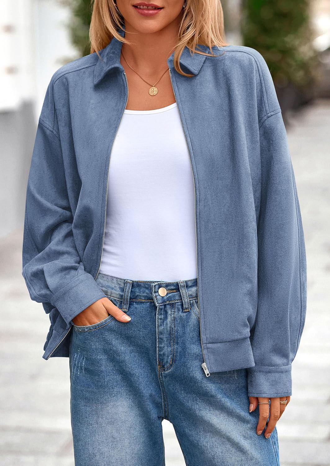 Faux Suede Bomber Jacket Women Fall Fashion 2026 Casual Zip Up Oversized Trendy Winter Clothing Outerwear Coats - Image 2