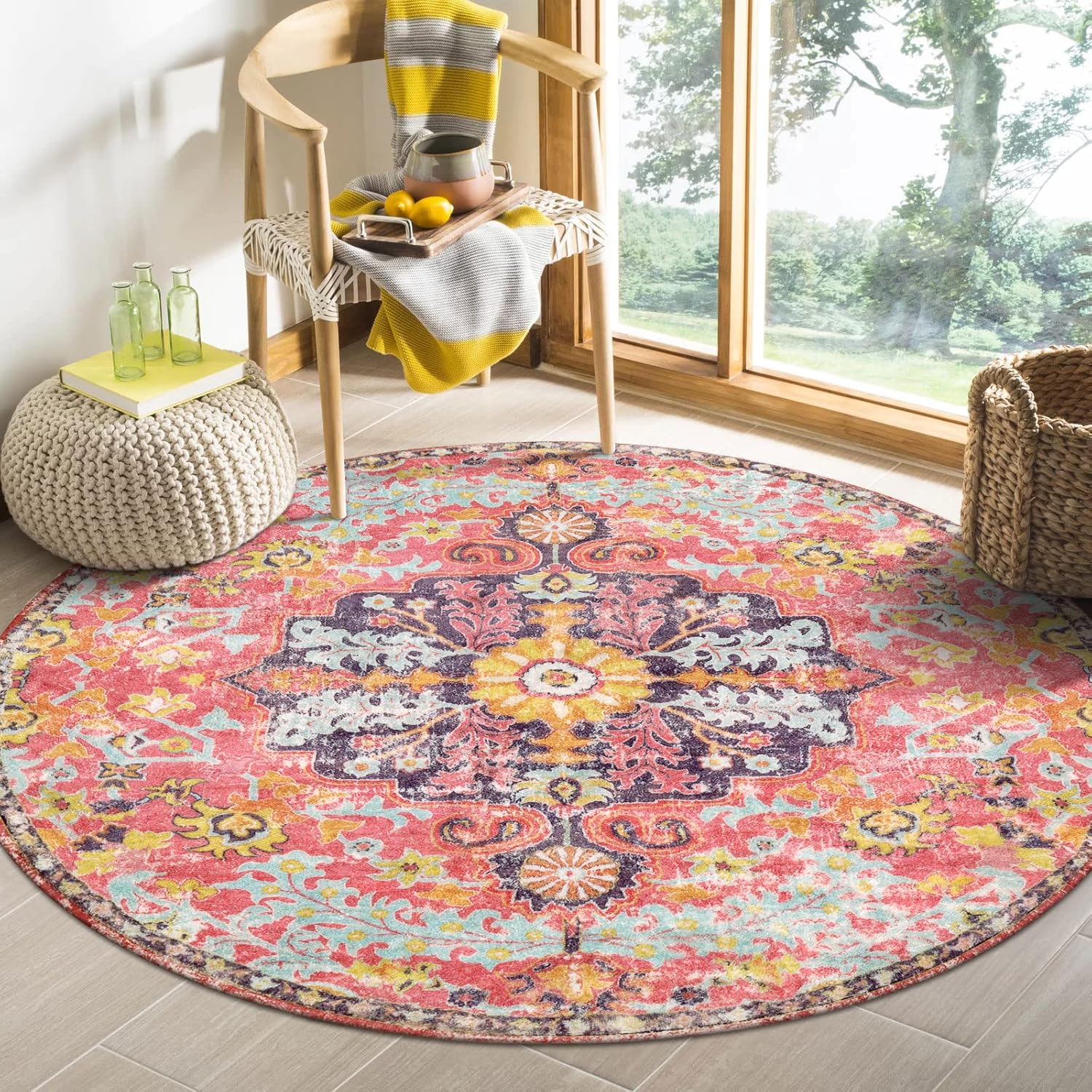 4ft Hot Pink Bohemian Floral Washable Rug