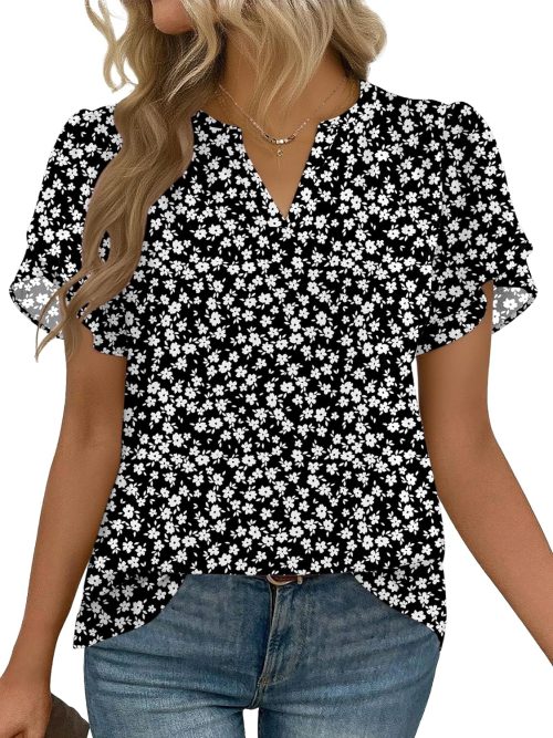 Womens Dressy Casual Shirts Short Sleeve V Neck Work Blouse Business Casual Summer Chiffon Tops