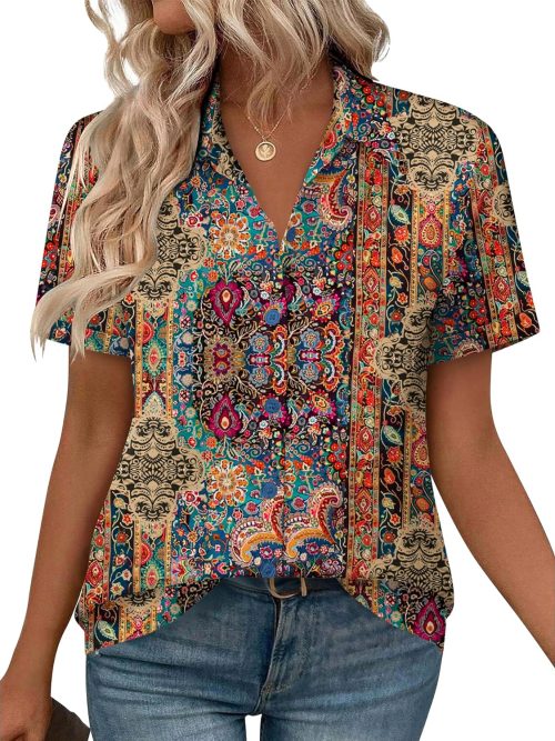 Womens Button Down Blouse Rolled Cuffed Short Sleeve Shirts Casual Work Blouse Summer Hawaiian Outfits